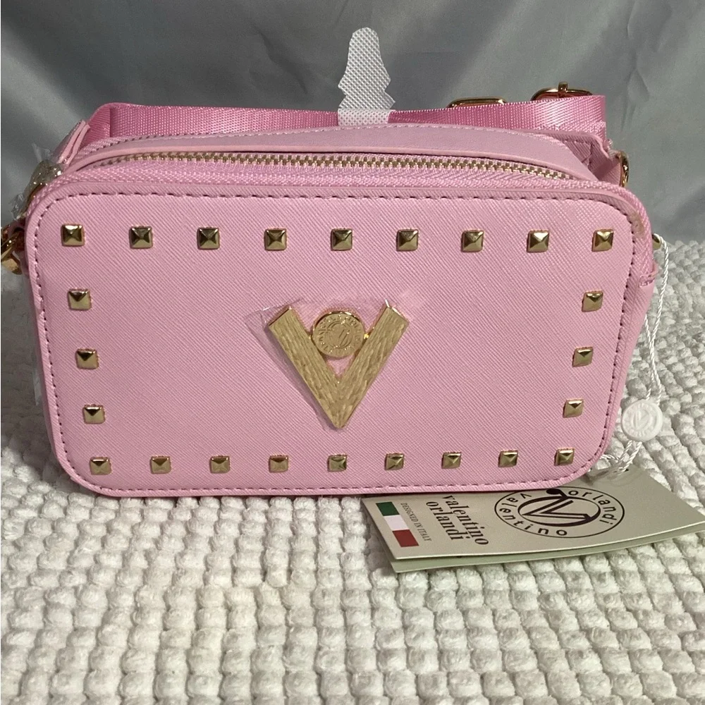 Valentino Orlandi Studded Baby Pink Double Zip Camera Crossbody Bag NEW